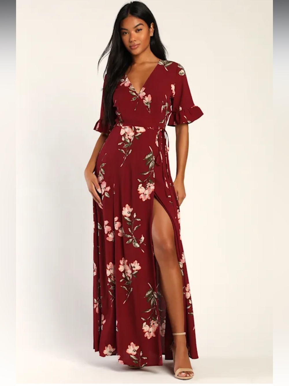 Lulus September Sunsets Burgundy Floral Print Wrap Maxi Dress